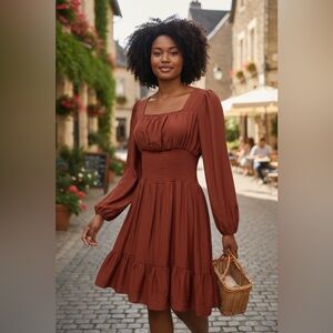 Hesperus Burnt Red Smocked Waist Cottage Style Dress